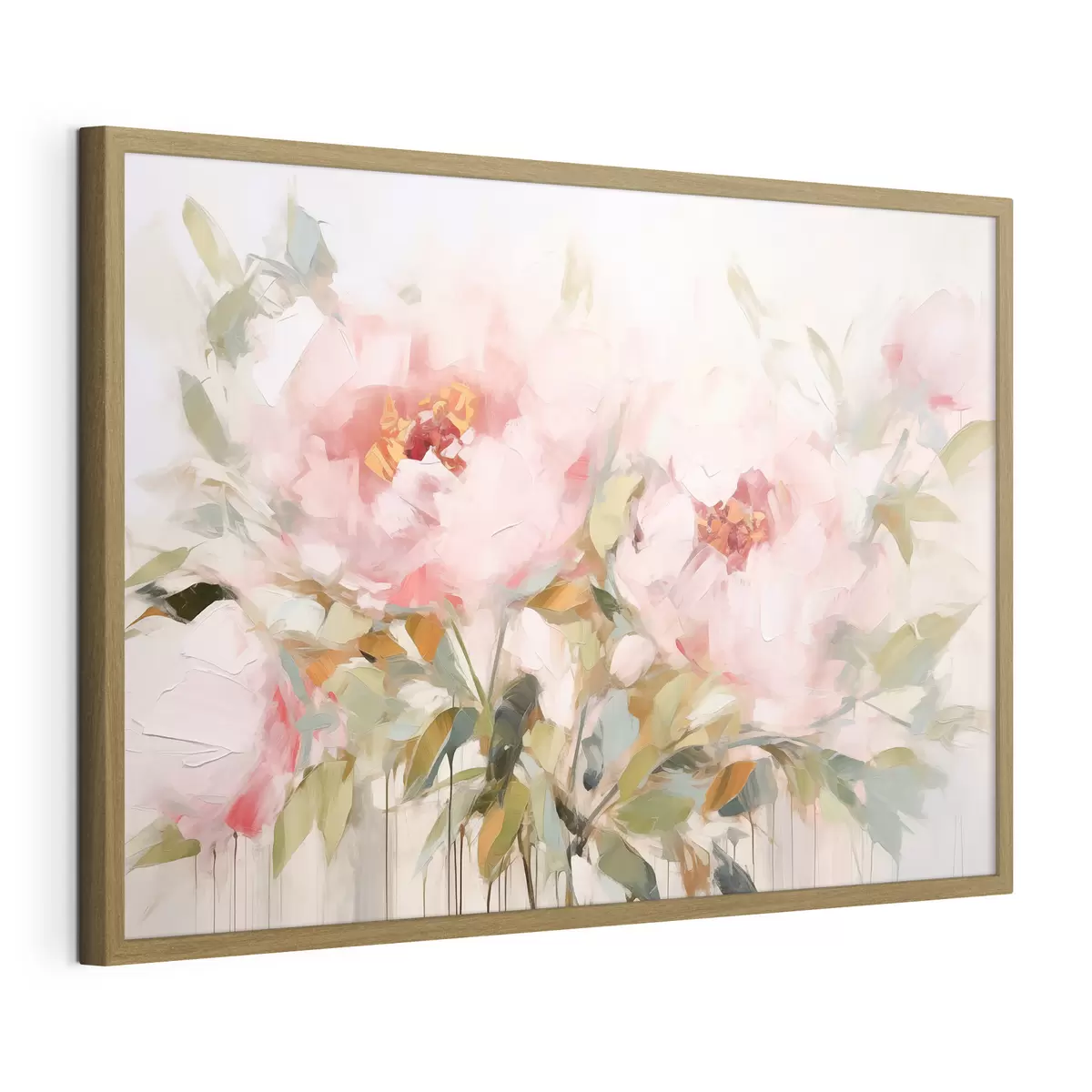 Poster Peinture à l'huile imitant de grandes pivoines roses aux pétales souples et aux centres jaunes, entourées de feuilles vertes f42720