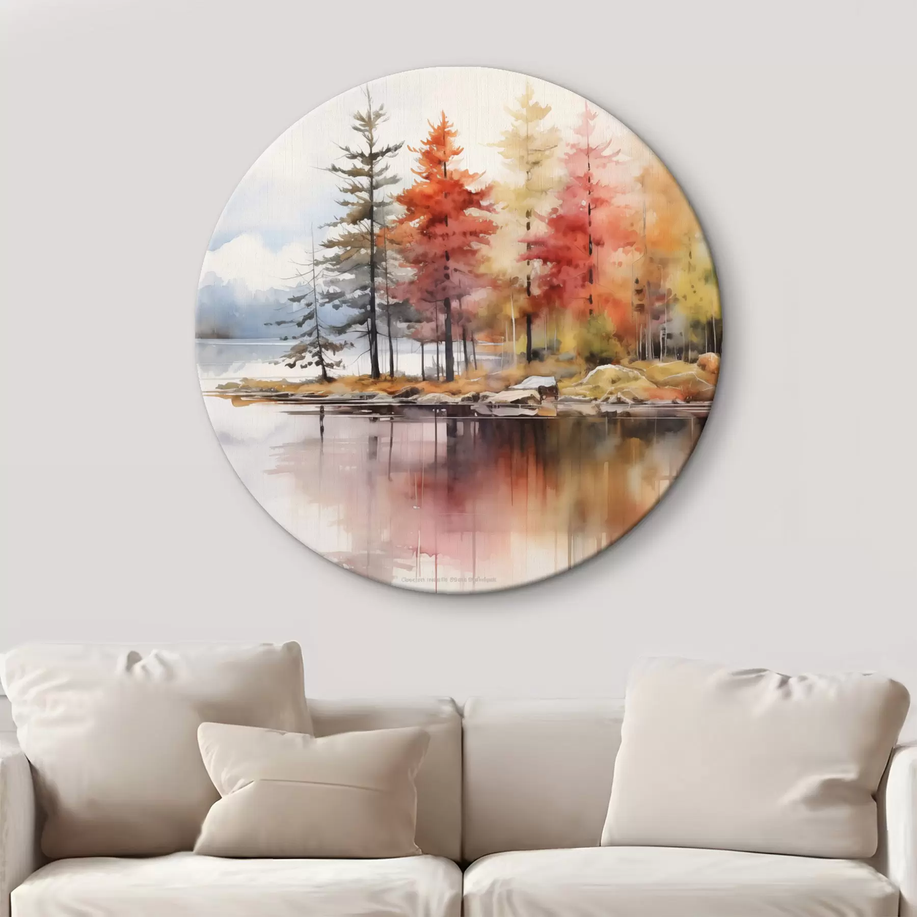 Tableau Paysage de type aquarelle avec un lac entouré d'arbres aux couleurs d'automne éclatantes r42727