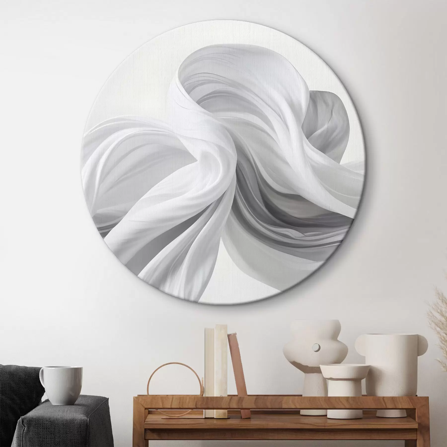 Tableau Formes fluides blanches et grises ressemblant à des tissus, tourbillonnant et s'entrelaçant sur un fond clair r42732