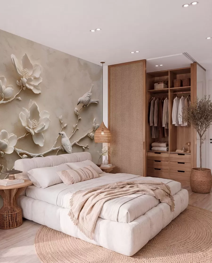 Papier peint branches de magnolia en 3D avec des oiseaux w08690