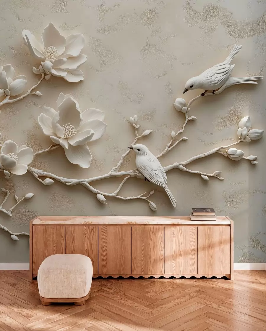 Papier peint branches de magnolia en 3D avec des oiseaux w08690