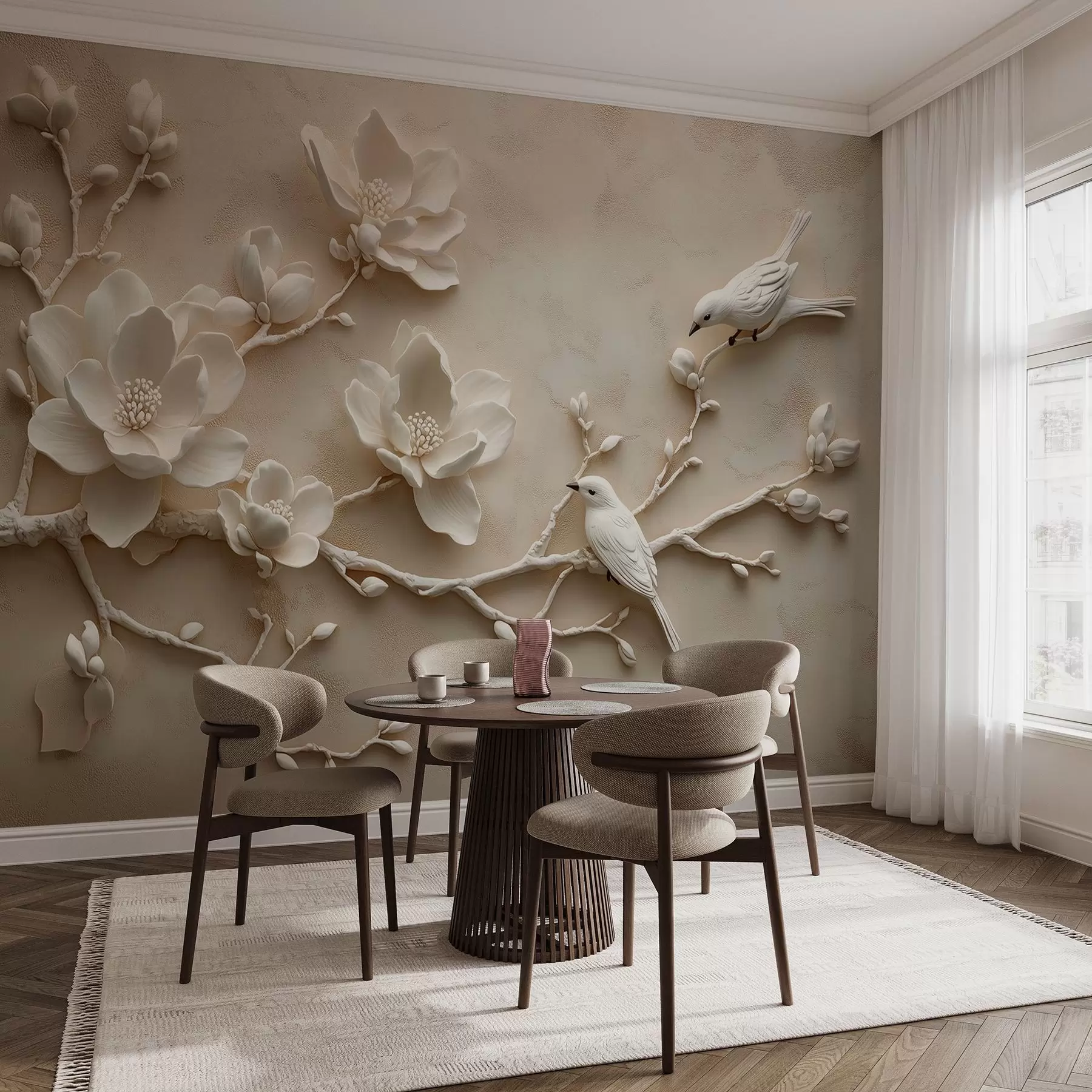 Papier peint branches de magnolia en 3D avec des oiseaux w08690
