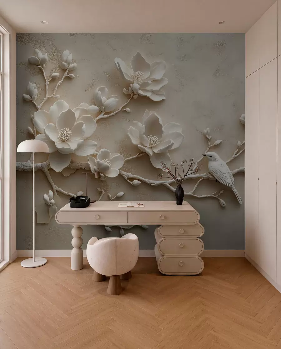 Papier peint branches de magnolia en 3D avec des oiseaux w08690