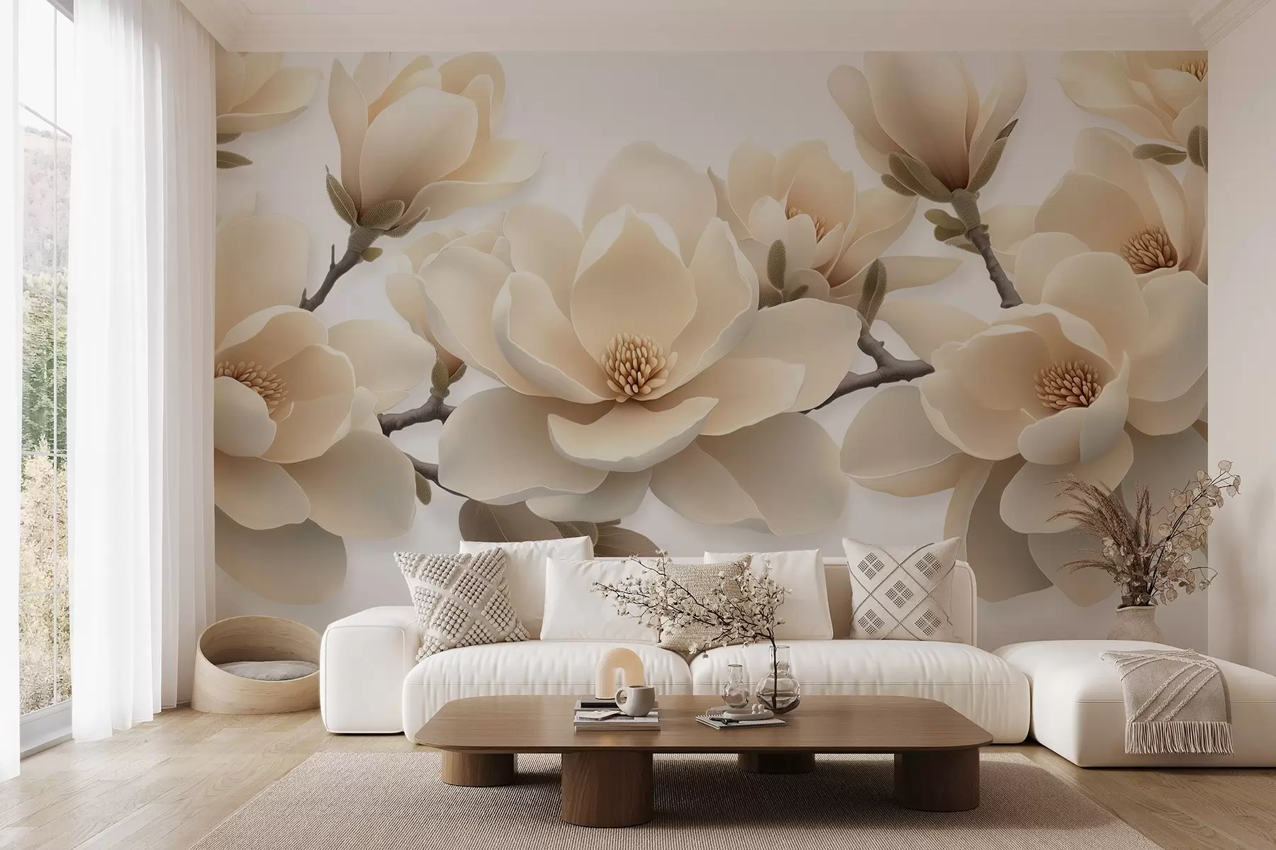 Papier peint Fleurs de magnolia beige épanouies dans un ton crémeux sur fond blanc w08692