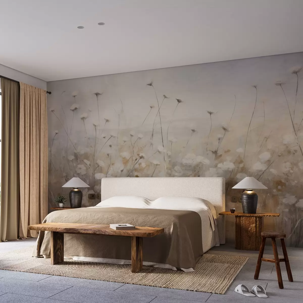 Papier peint Mur en béton avec des fleurs en style grunge w02972