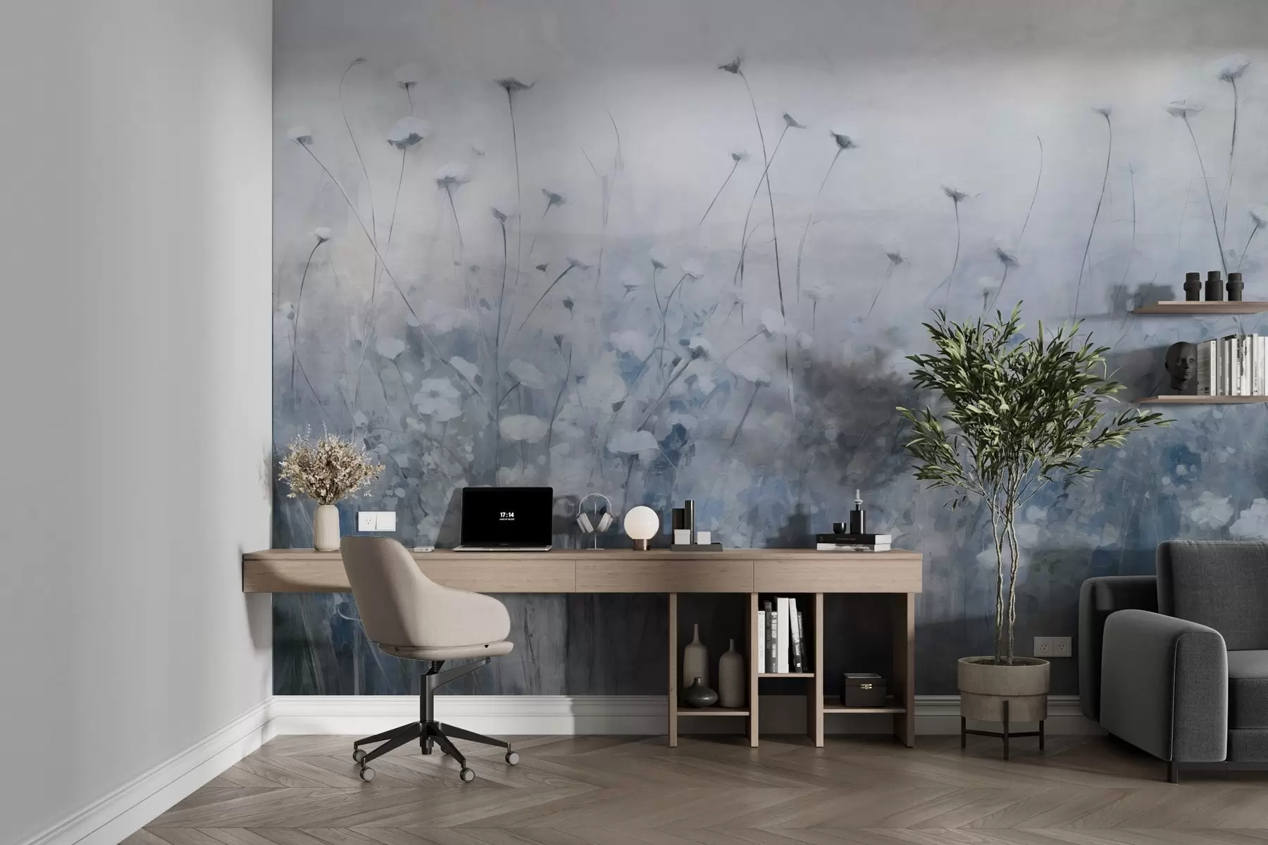 Papier peint Mur en béton avec des fleurs en style grunge w02972v1