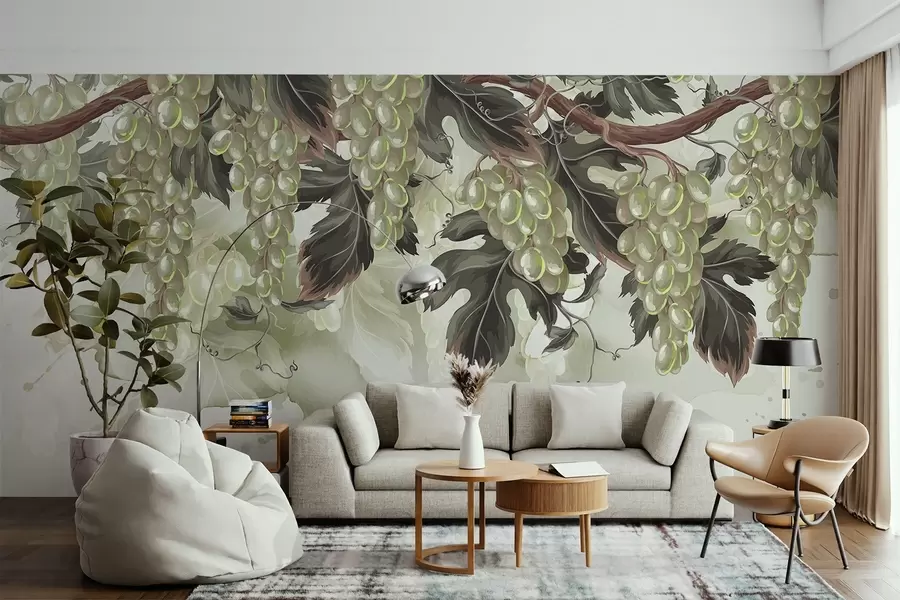 Papier peint Raisins suspendus à une vigne aux feuilles vertes, sur un fond de couleur claire avec des textures de type aquarelle w08696