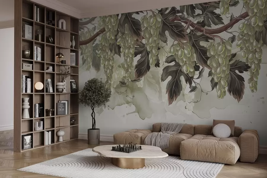 Papier peint Raisins suspendus à une vigne aux feuilles vertes, sur un fond de couleur claire avec des textures de type aquarelle w08696