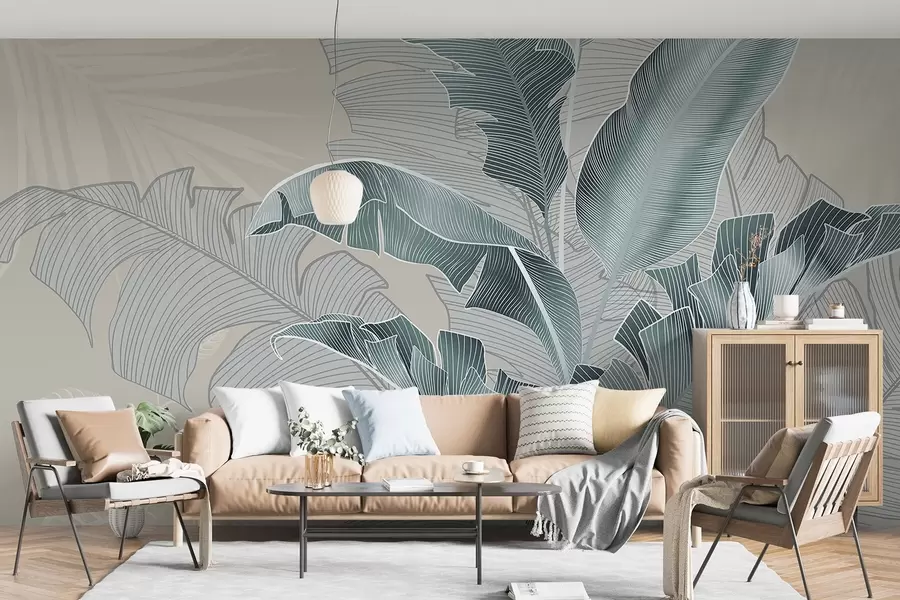 Papier peint Composition harmonieuse de feuilles tropicales dans les tons beige et turquoise, avec un travail au trait détaillé w08698v1