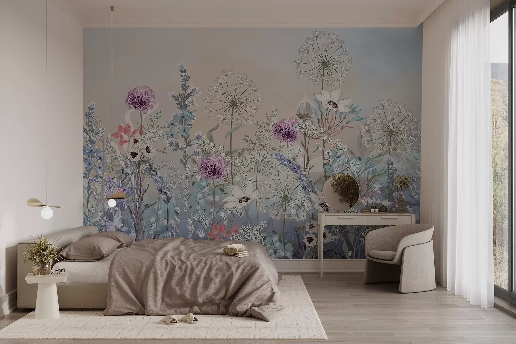 Papier peint Un jardin floral vibrant avec diverses fleurs et de l'herbe sur un fond texturé en dégradé de couleurs pastel w08699