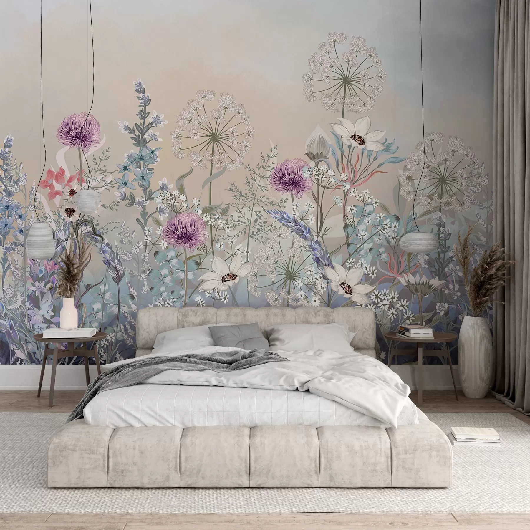 Papier peint Un jardin floral vibrant avec diverses fleurs et de l'herbe sur un fond texturé en dégradé de couleurs pastel w08699