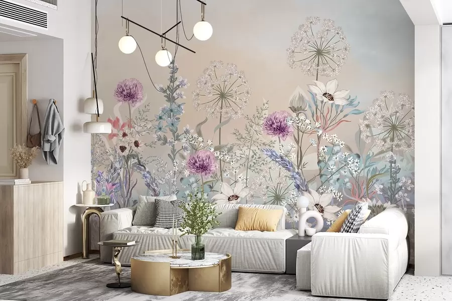 Papier peint Un jardin floral vibrant avec diverses fleurs et de l'herbe sur un fond texturé en dégradé de couleurs pastel w08699