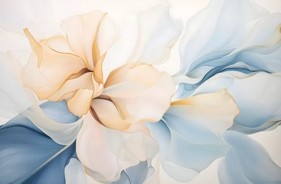 Papier peint Pétales floraux abstraits et fluides, translucides et superposés, aux couleurs pastel, dans les tons pêche et bleu w08701