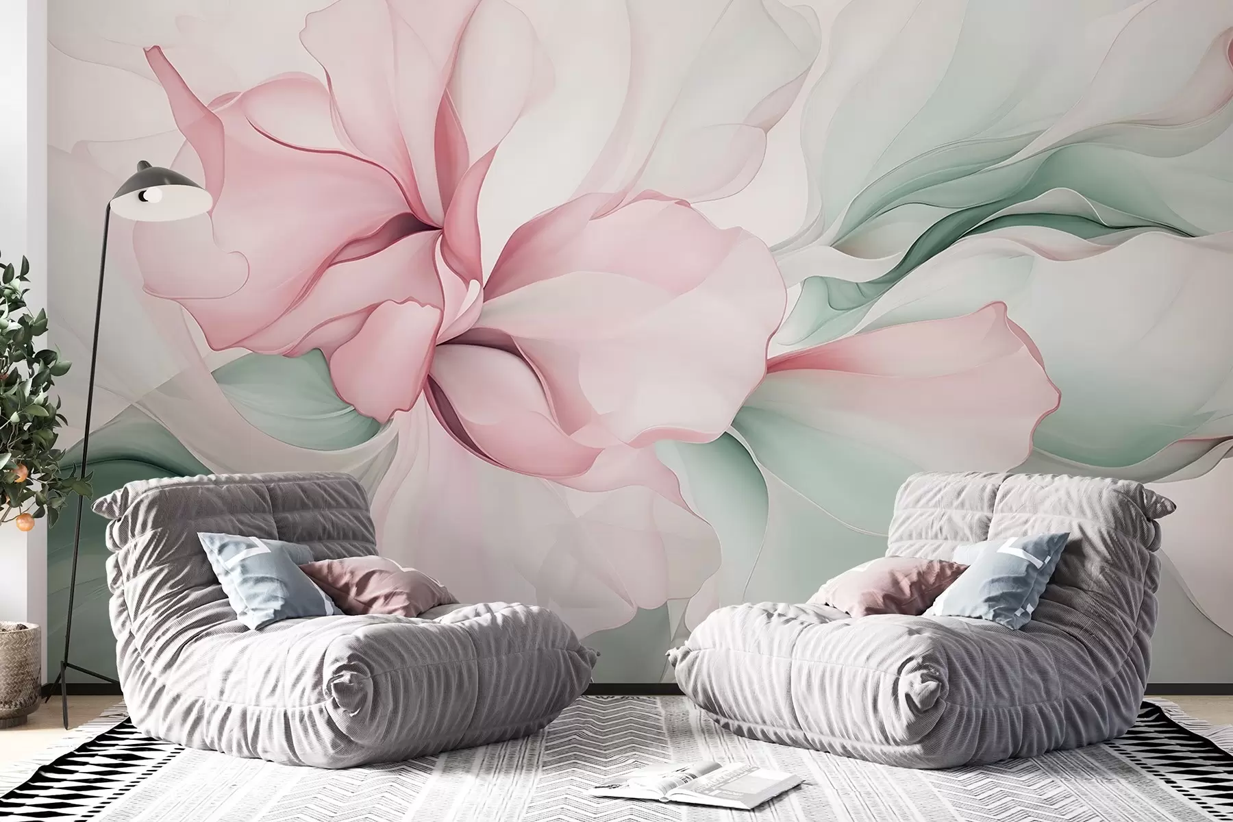 Papier peint Pétales floraux abstraits et fluides, translucides et superposés, aux couleurs pastel, dans les tons roses et verts w08701v1