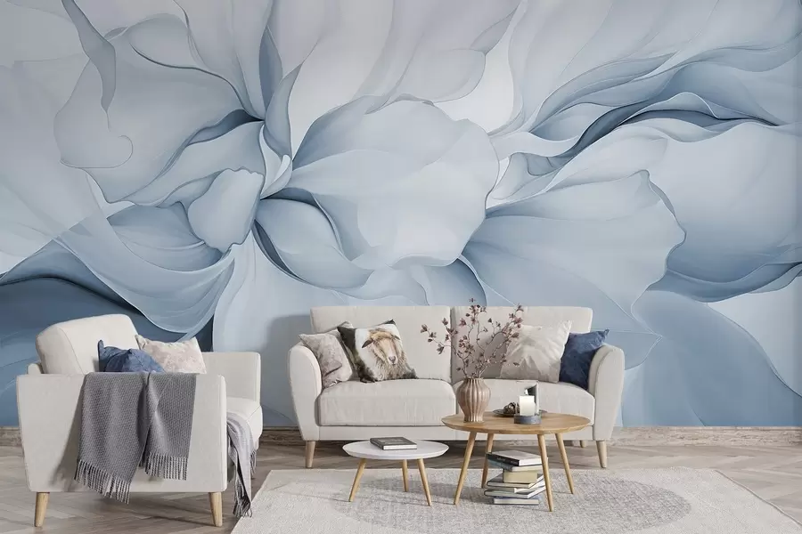 Papier peint Pétales floraux abstraits et fluides, formes translucides et superposées dans des couleurs pastel, dans des tons bleus w08701v2