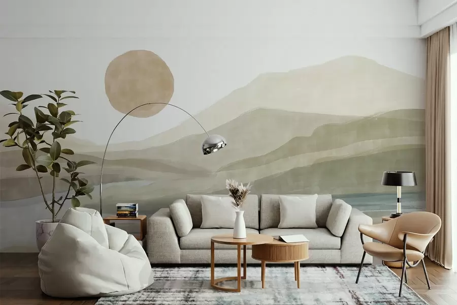 Papier peint Un paysage de montagnes étagées avec un doux gradient, une rivière sinueuse, un soleil orange atténué dans le ciel w08702