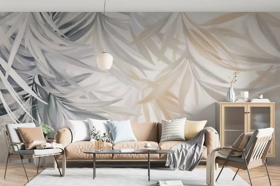 Papier peint Feuilles tropicales douces et fluides de couleur claire dans des tons gris et pêche, se fondant dans un imprimé pâle et neutre w08703