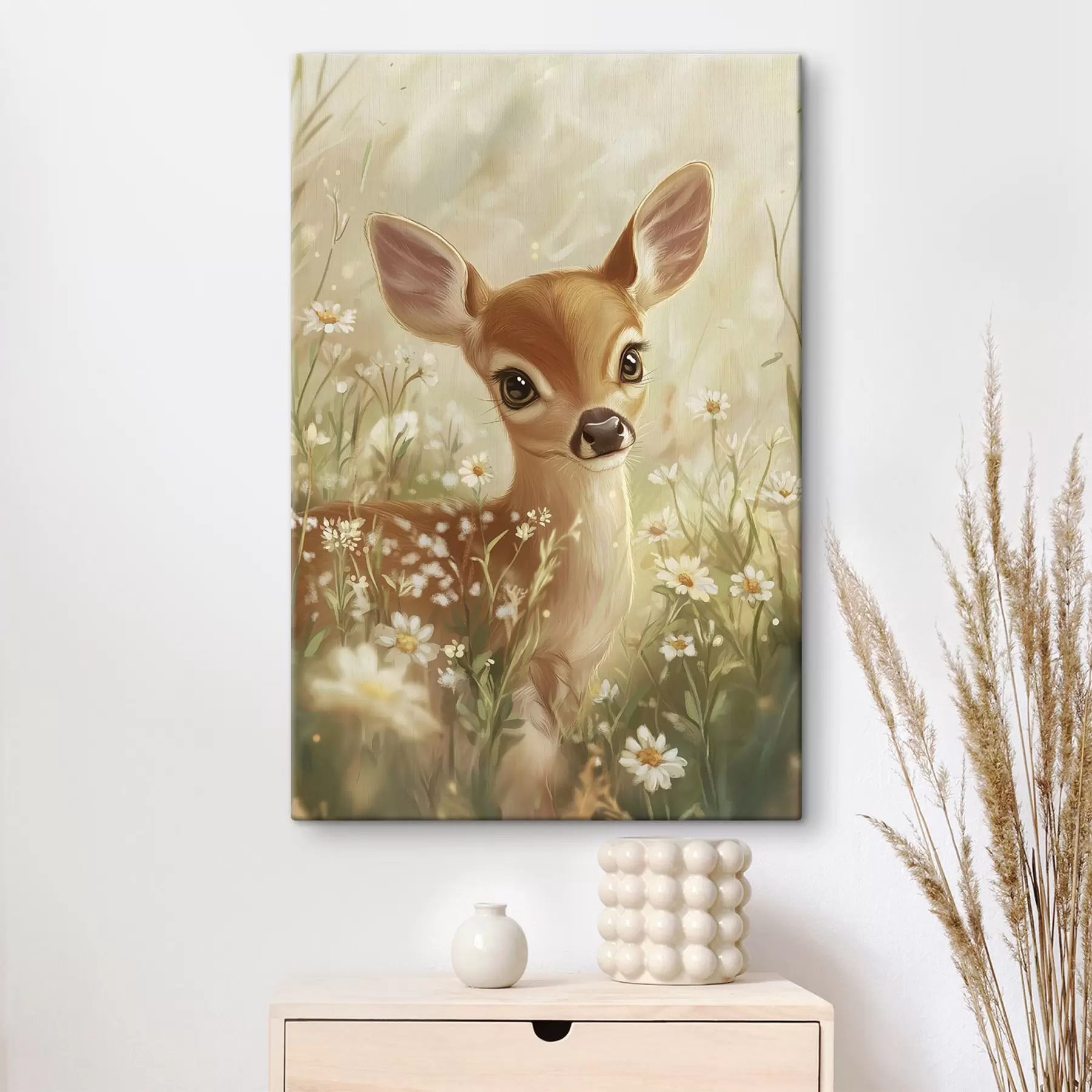 Tableau Mignon cerf dans la prairie avec des fleurs de marguerite, dessin à l'huile s42780