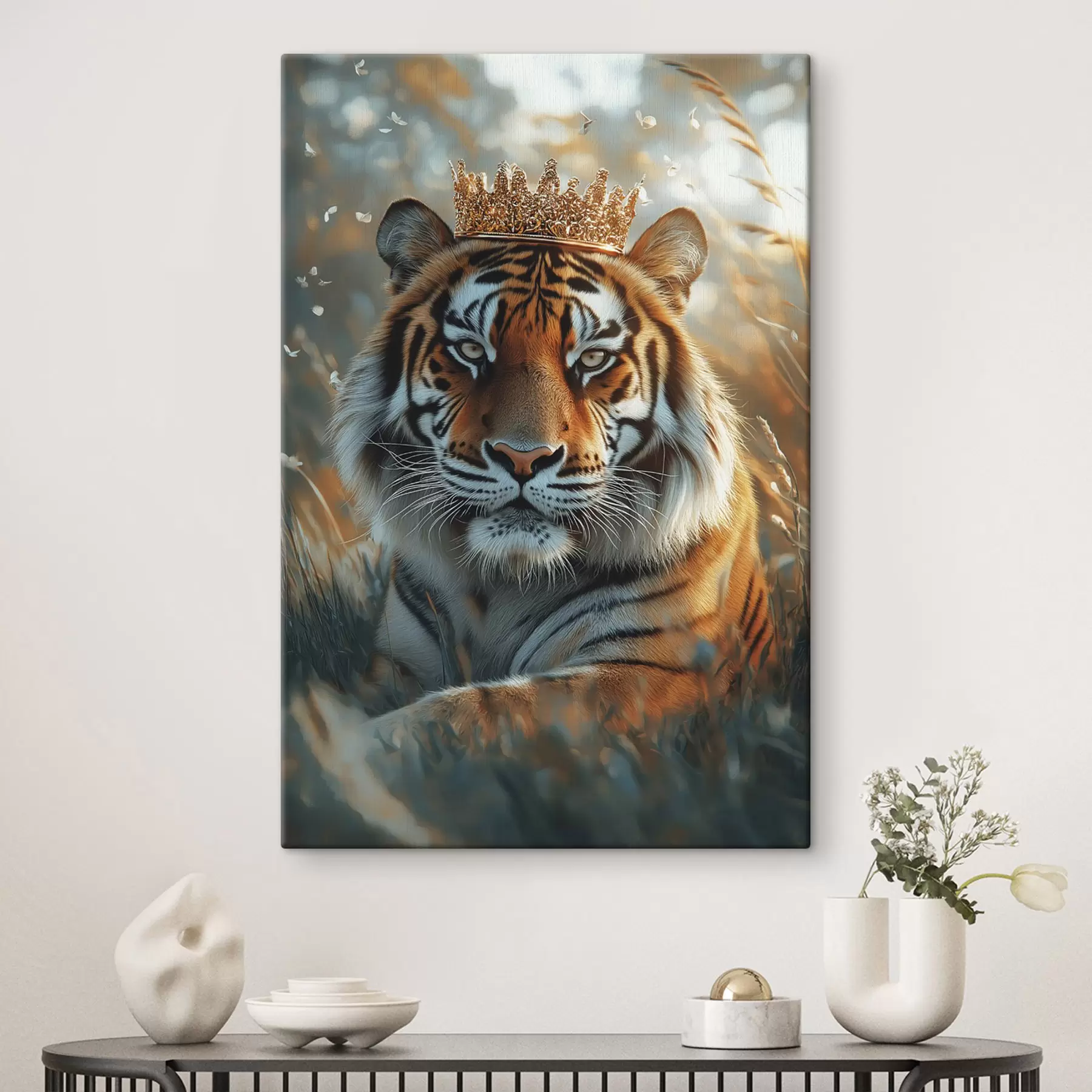 Tableau Beau tigre avec couronne dorée, prairie d'été, réalisme s42786 Tableau Beau tigre avec couronne dorée, prairie d'été, réalisme s42786