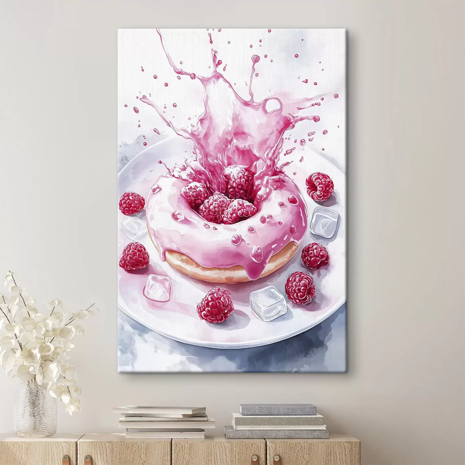 Tableau Délicieux donat sur l'assiette, crème pétillante, framboises, glace s42788