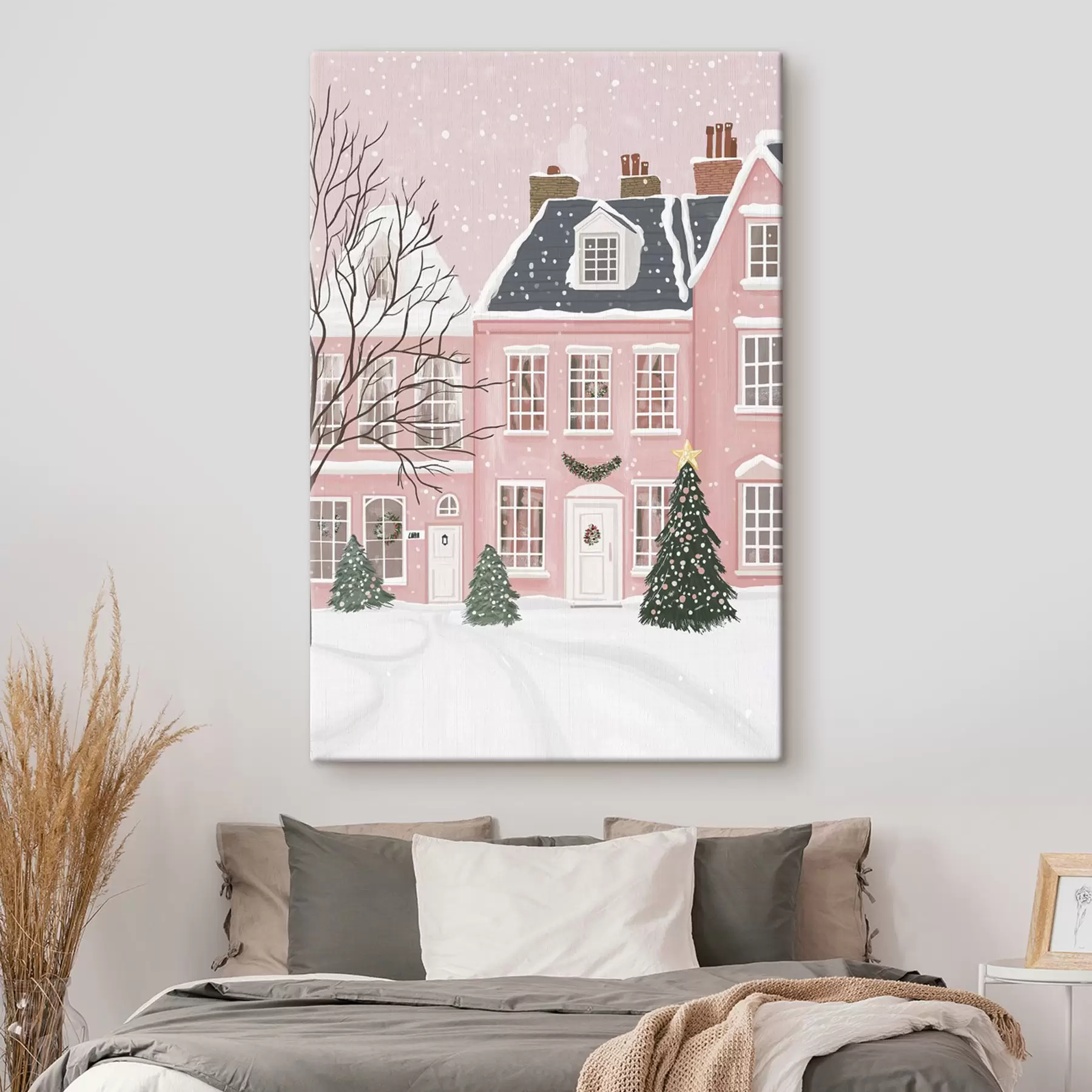 Tableau Mignonnes maisons roses, pins, paysages d'hiver  s42791