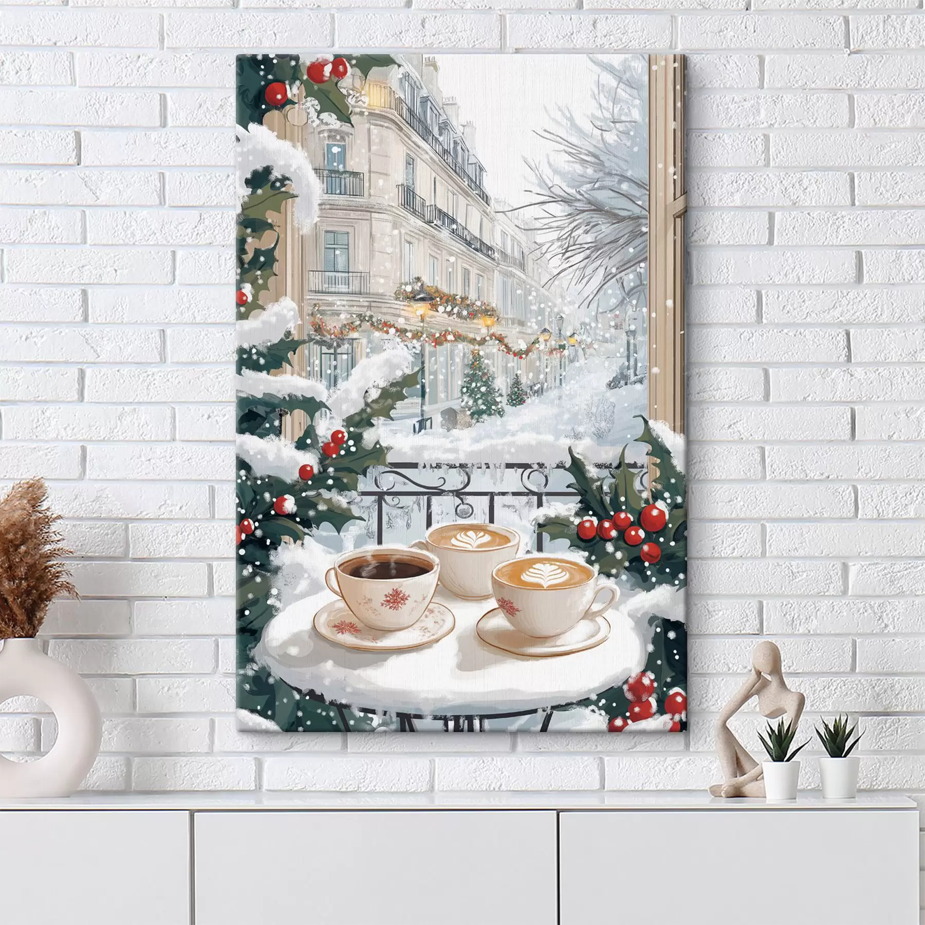 Tableau Esthétique hivernale, tasses de café, restaurant, rue de la ville s42794