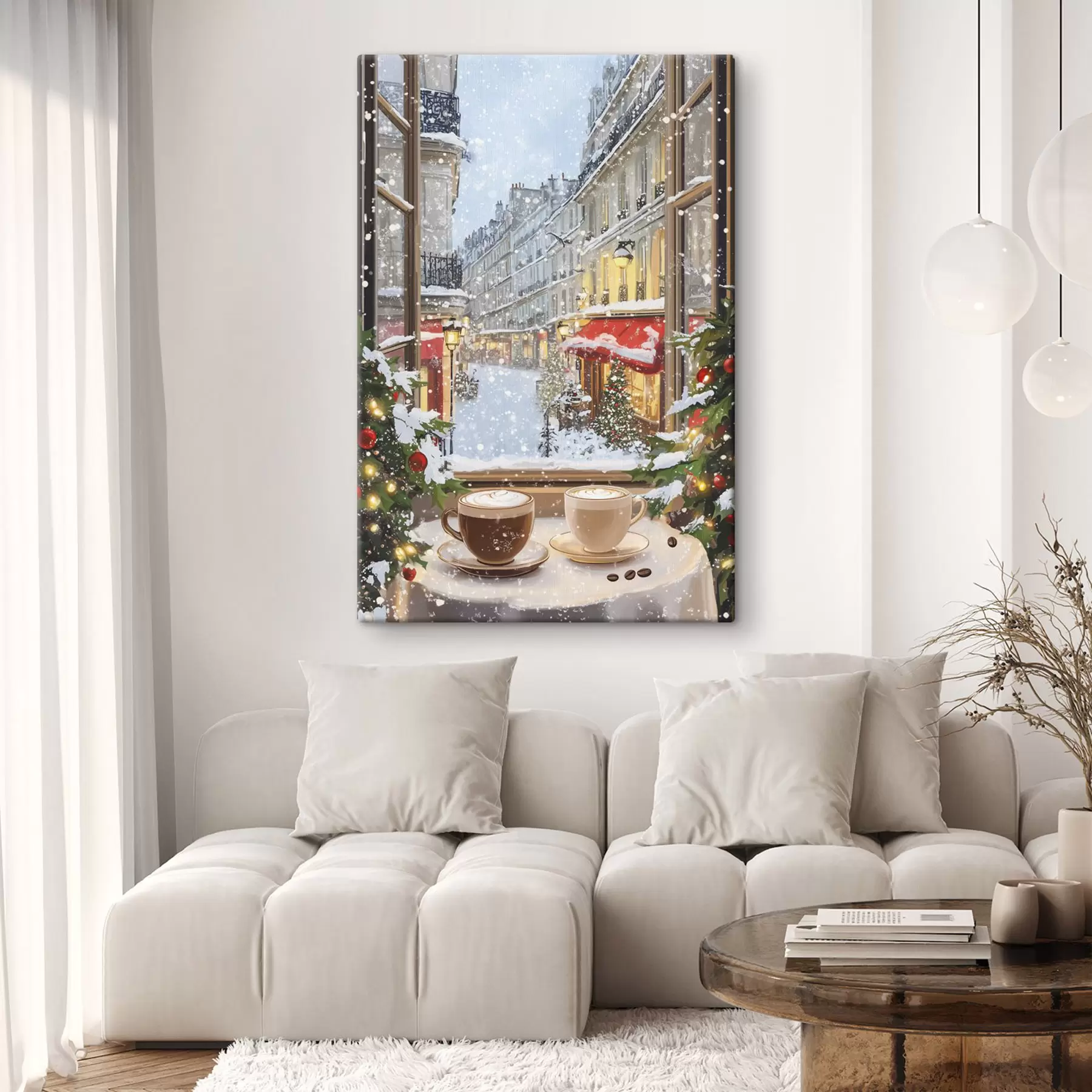 Tableau Café d'hiver confortable, tasses de café, style acrylique, architecture de la vieille ville  s42795