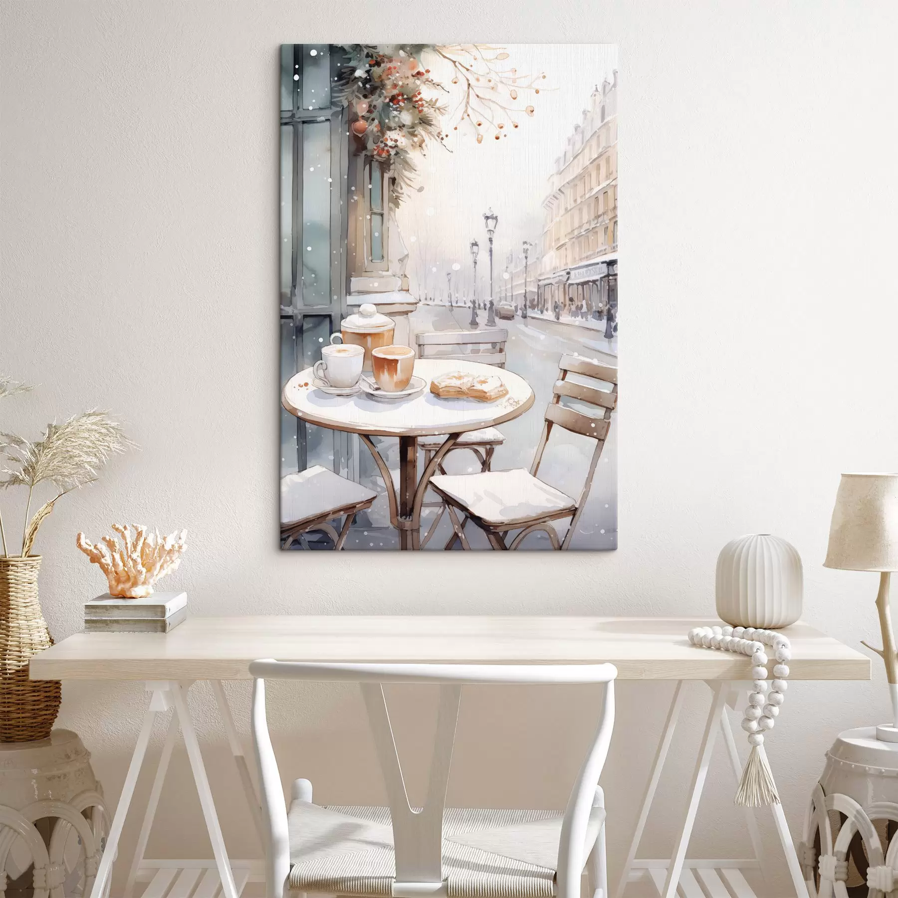 Tableau Café de rue esthétique, France, boulangerie fraîche, dessin à l'aquarelle s42798