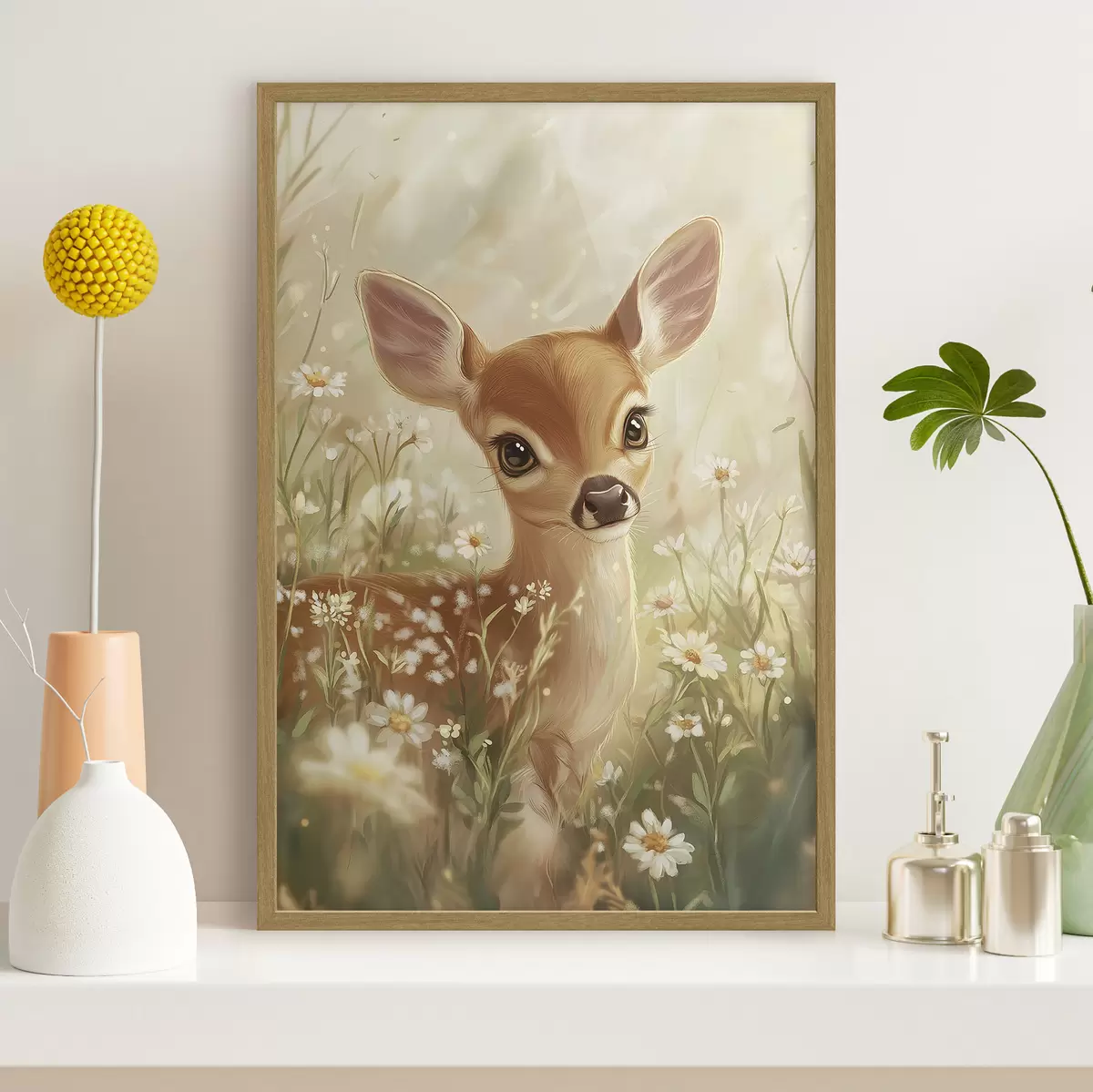 Poster Mignon cerf dans la prairie avec des fleurs de marguerite, dessin à l'huile f42780