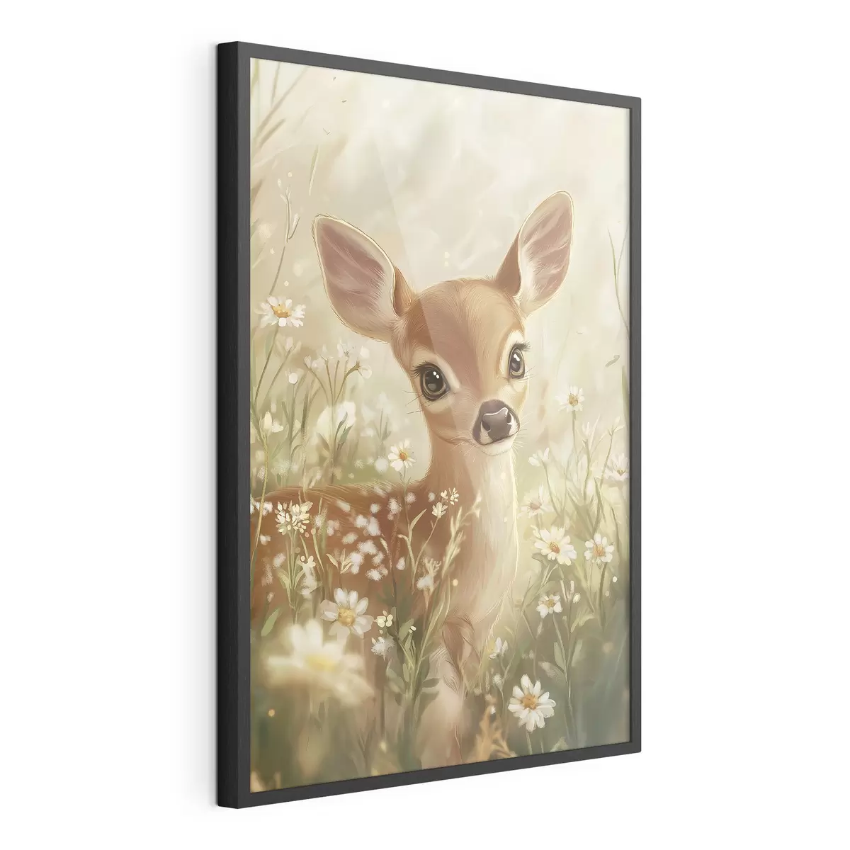 Poster Mignon cerf dans la prairie avec des fleurs de marguerite, dessin à l'huile f42780