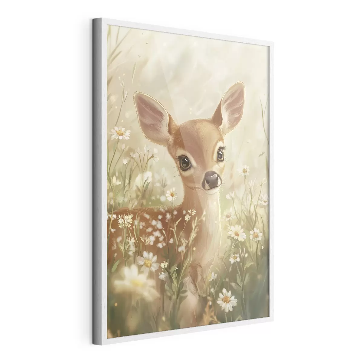 Poster Mignon cerf dans la prairie avec des fleurs de marguerite, dessin à l'huile f42780