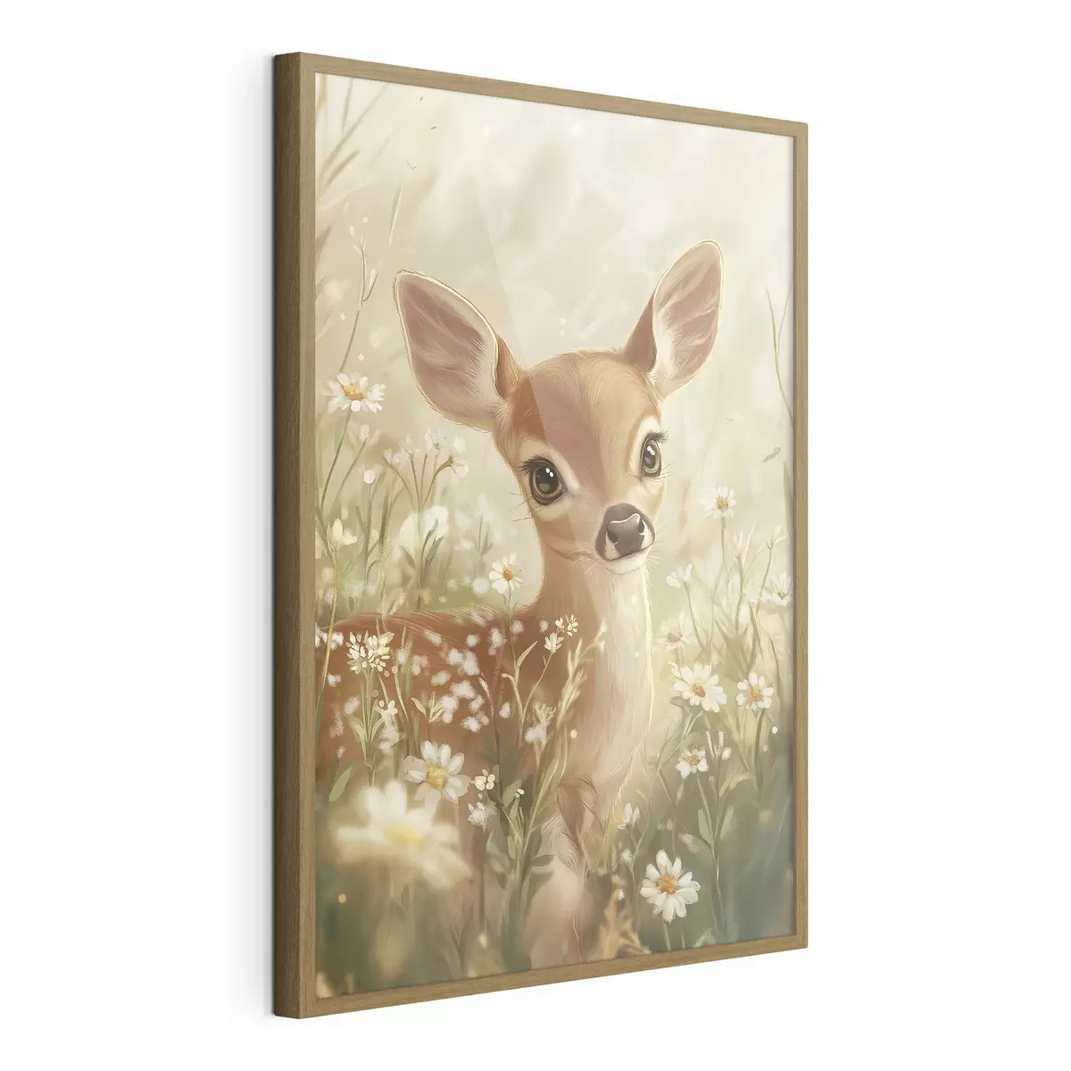 Poster Mignon cerf dans la prairie avec des fleurs de marguerite, dessin à l'huile f42780