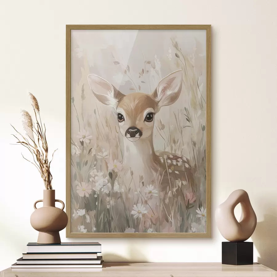 Papier peint Petit cerf dans la prairie d'été, dessin à l'acrylique, couleurs rose pastel et beige f42781