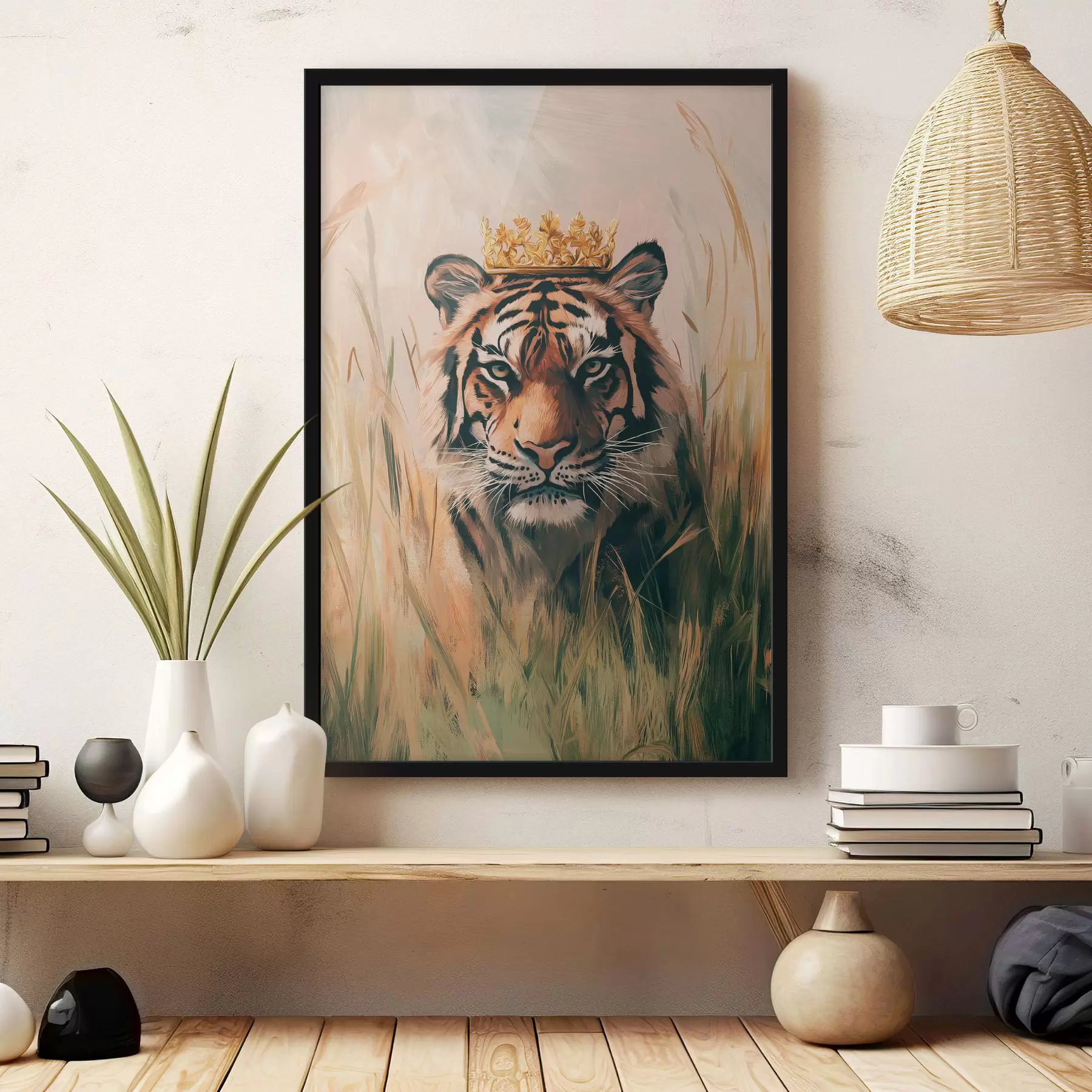 Papier peint Tigre dans la prairie avec de l'herbe, couronne d'or, dessin de style acrylique f42783
