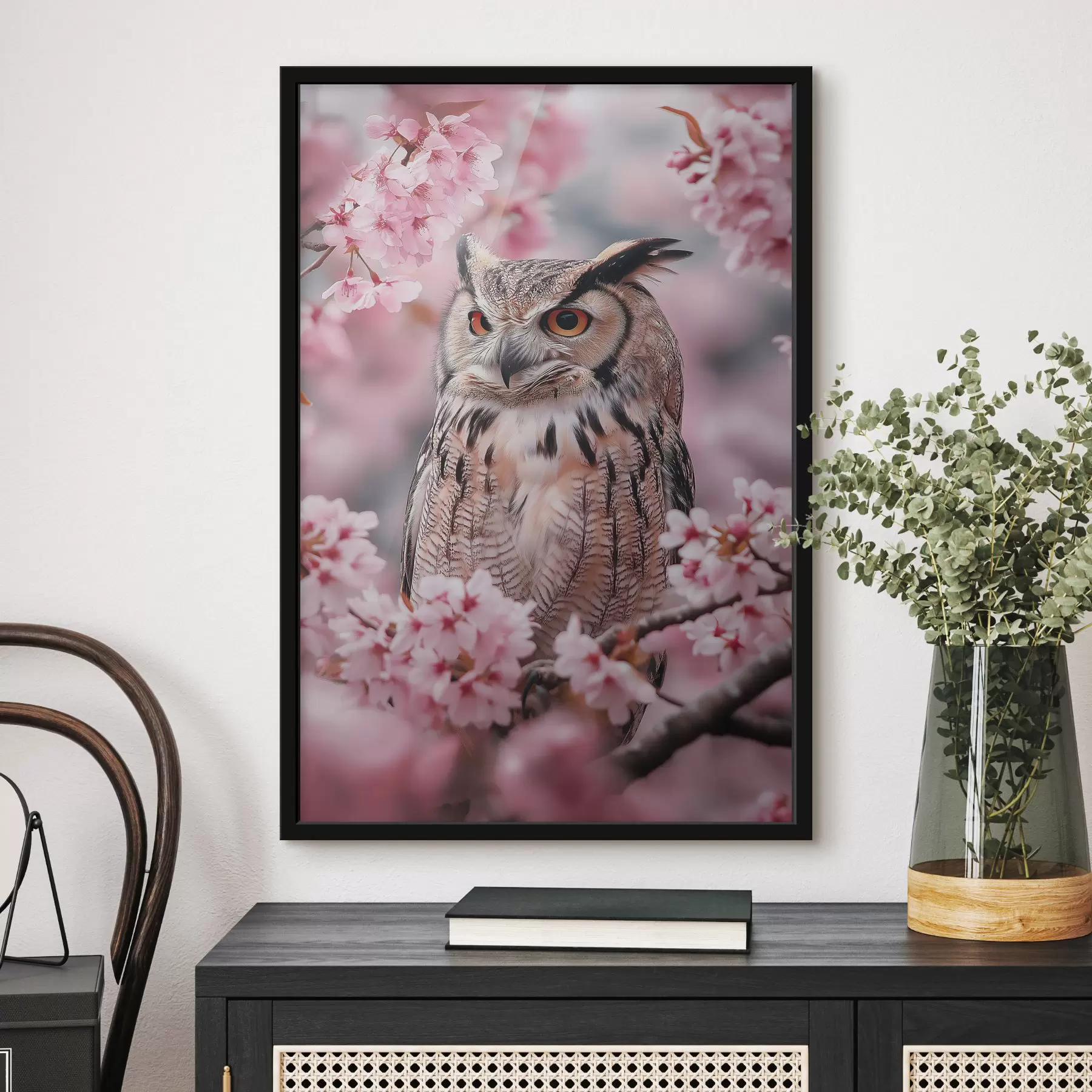 Papier peint Belle chouette sur la branche d'un cerisier, nature, réalisme f42784