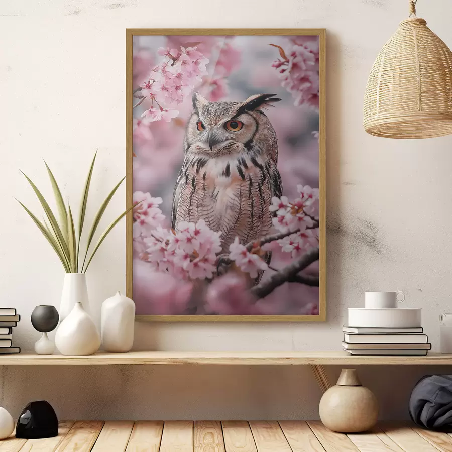 Papier peint Belle chouette sur la branche d'un cerisier, nature, réalisme f42784