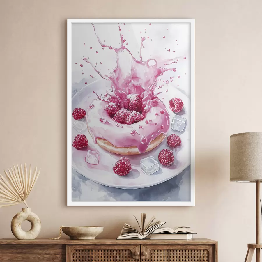 Papier peint Délicieux beignet sur l'assiette, crème pétillante, framboises, glace f42788