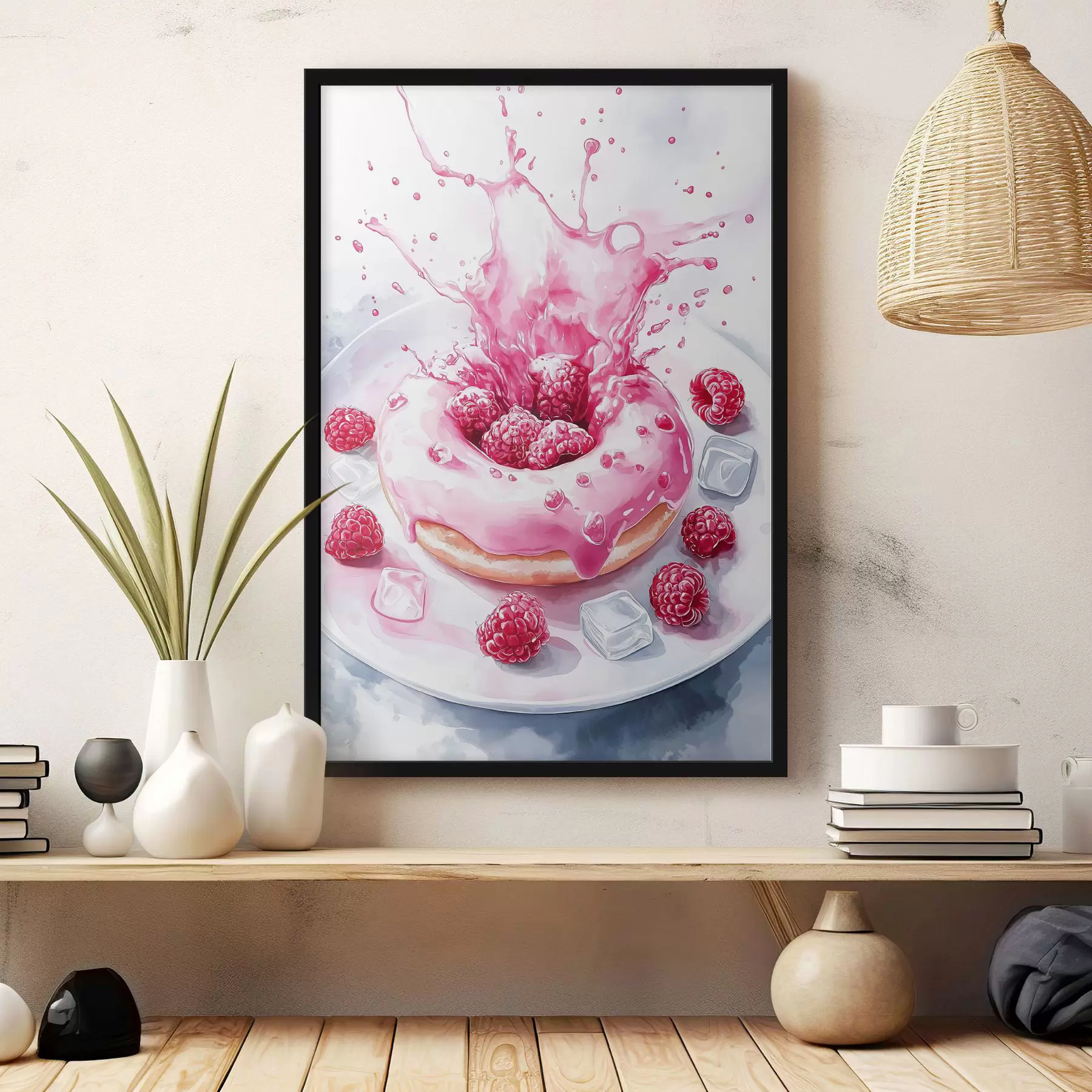 Tableau Délicieux beignet sur l'assiette, crème pétillante, framboises, glace f42788