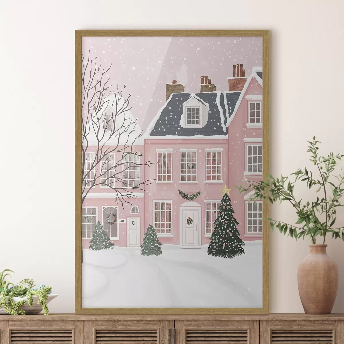Poster Mignonnes maisons roses, pins, paysages d'hiver f42791