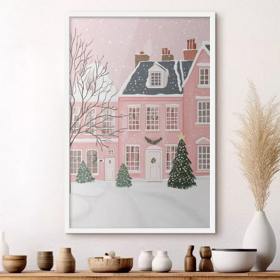 Papier peint Mignonnes maisons roses, pins, paysages d'hiver f42791