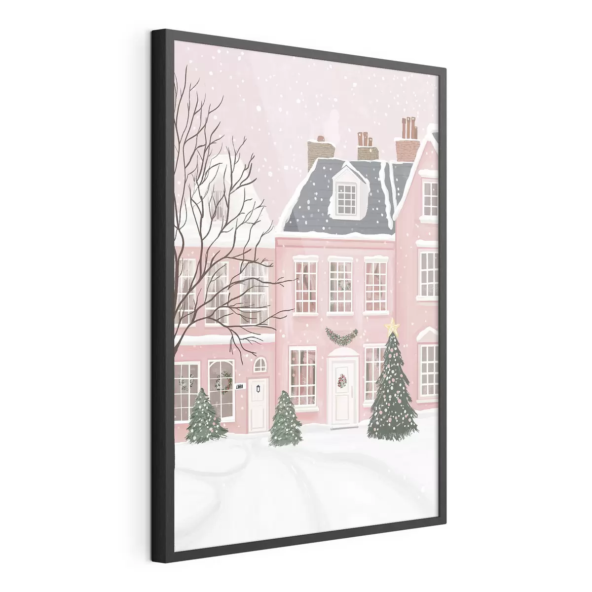 Poster Mignonnes maisons roses, pins, paysages d'hiver f42791