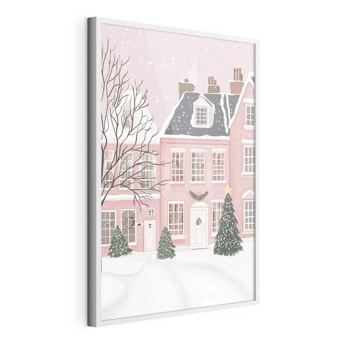 Poster Mignonnes maisons roses, pins, paysages d'hiver f42791