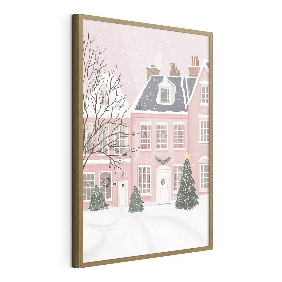 Poster Mignonnes maisons roses, pins, paysages d'hiver f42791