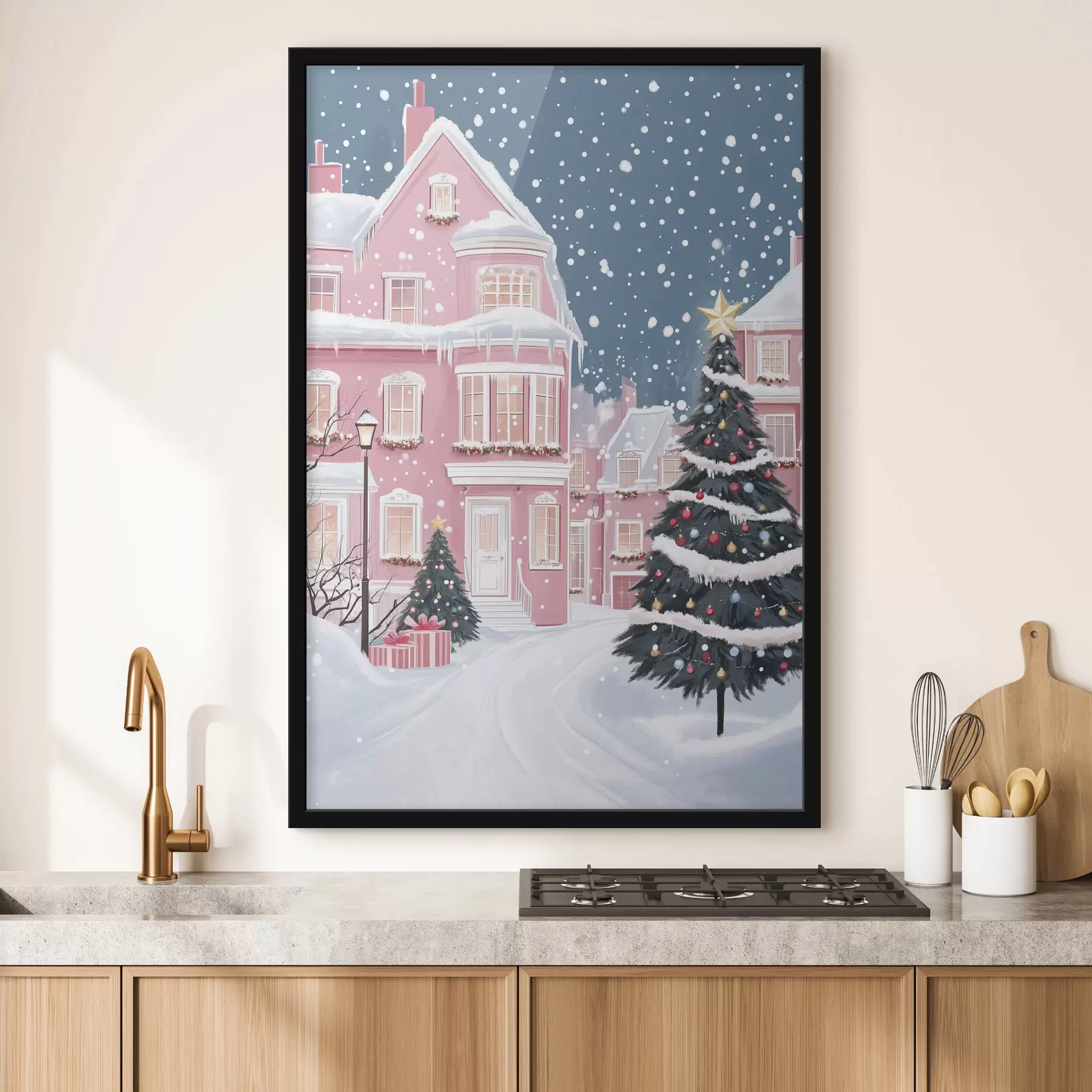 Papier peint Ville d'hiver avec maisons roses, arbres de Noël, flocons de neige f42792
