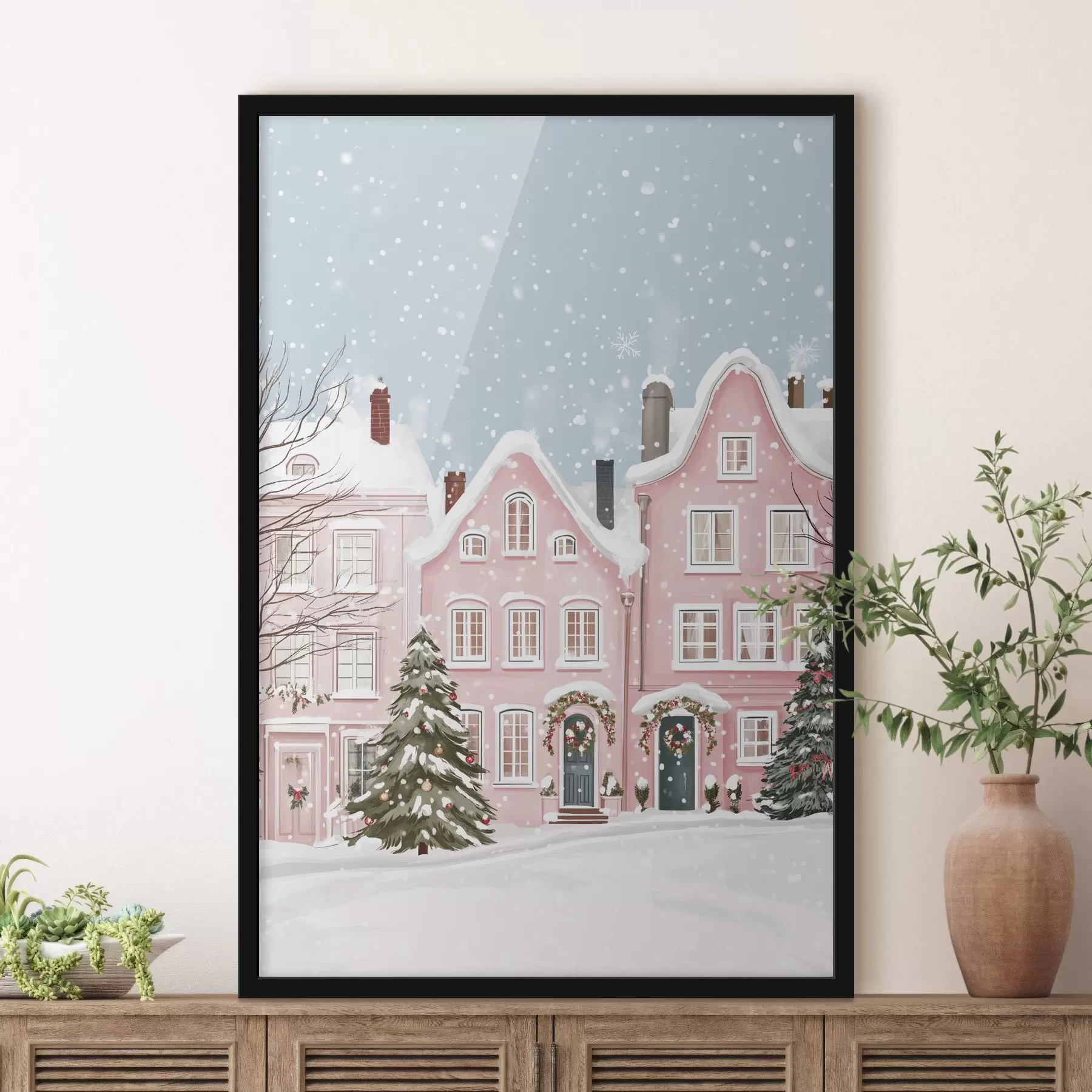 Papier peint Belle ville avec de jolies maisons roses, esthétique hivernale, flocons de neige f42793
