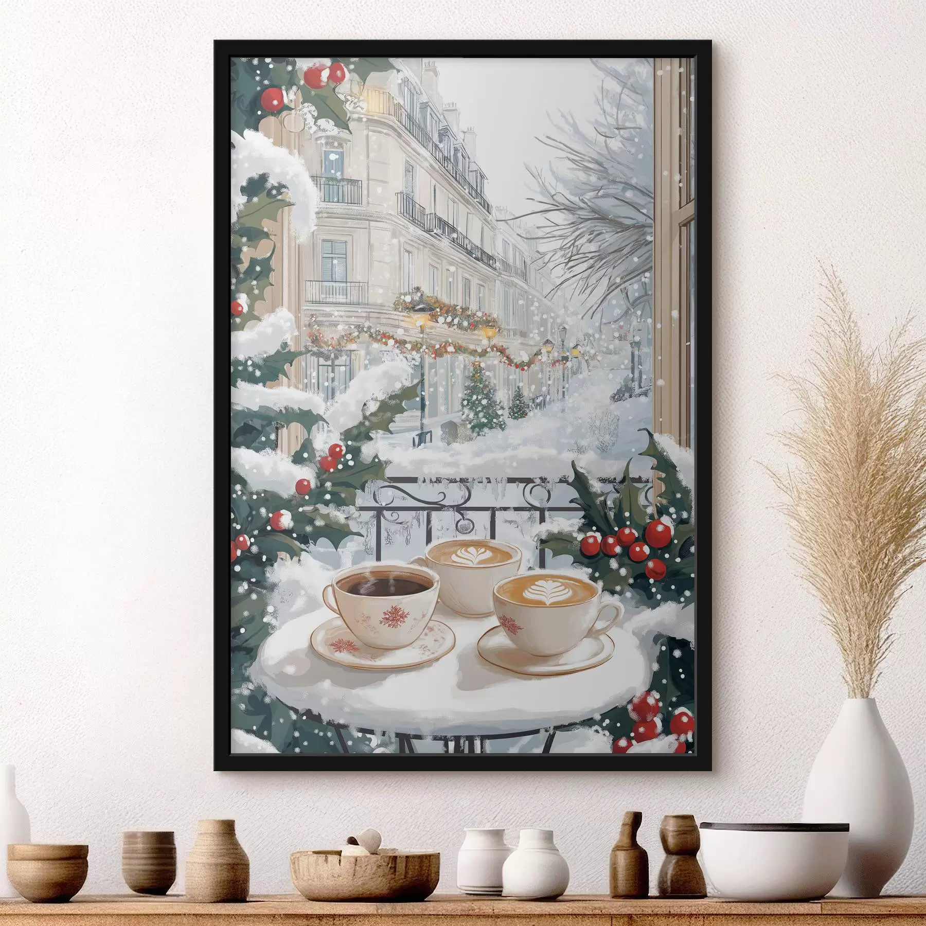Papier peint Esthétique hivernale, tasses de café, restaurant, rue de la ville f42794