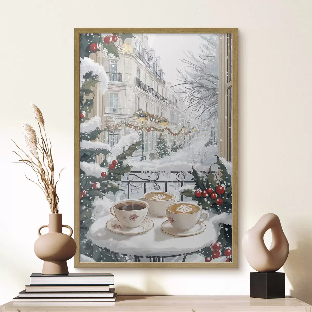 Poster Esthétique hivernale, tasses de café, restaurant, rue de la ville f42794