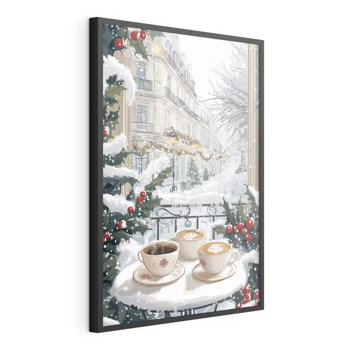Poster Esthétique hivernale, tasses de café, restaurant, rue de la ville f42794