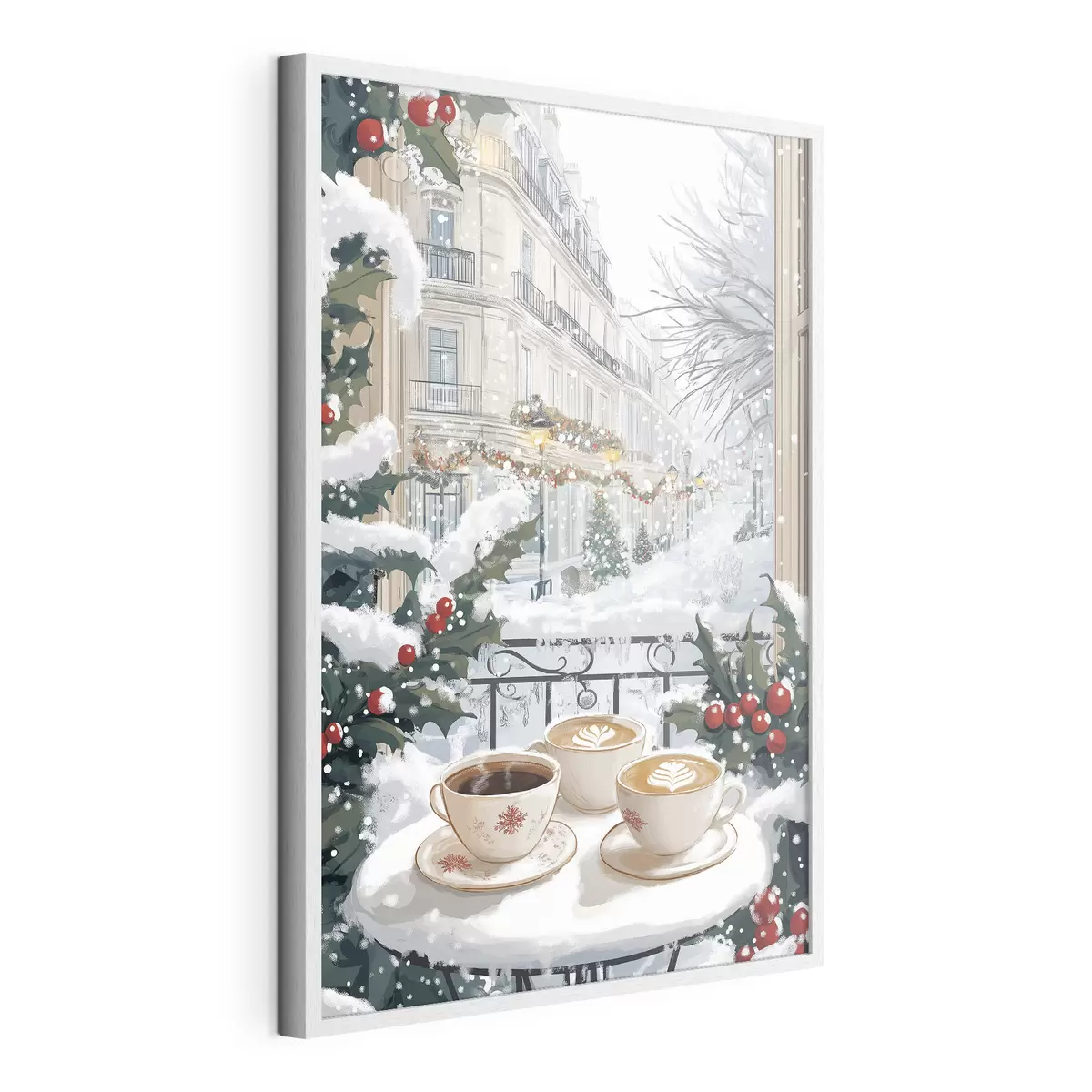 Poster Esthétique hivernale, tasses de café, restaurant, rue de la ville f42794