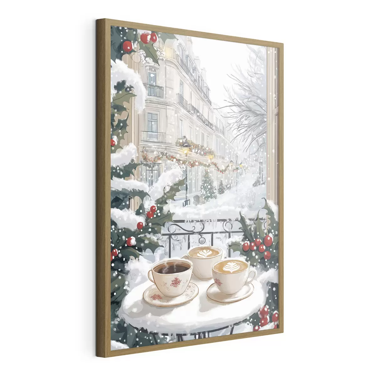 Poster Esthétique hivernale, tasses de café, restaurant, rue de la ville f42794